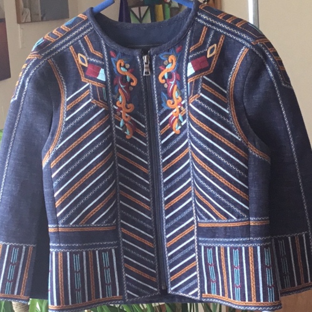 BCBGMaxAzria Navy and Orange Embroidered Cape
